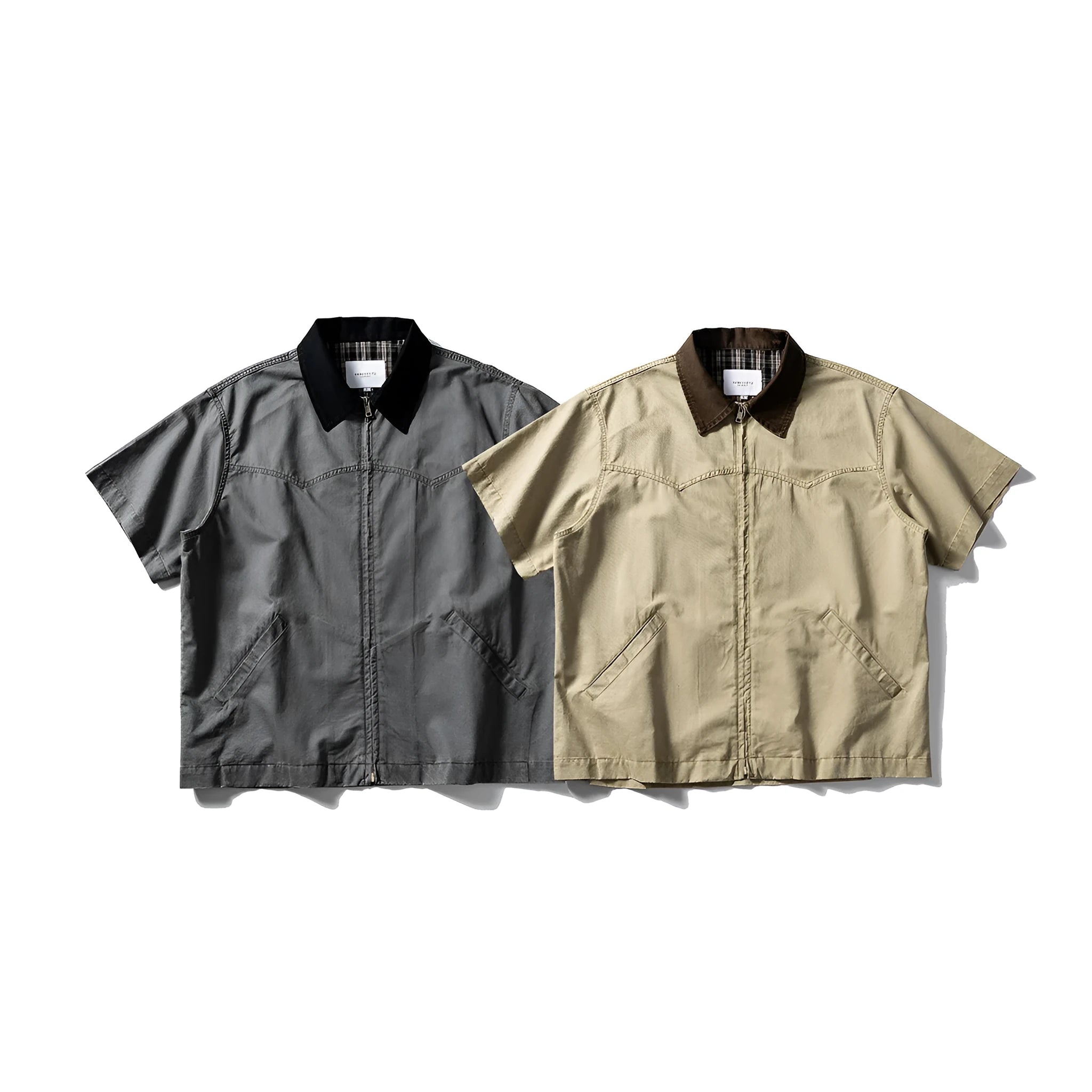 Man's loose-fitting khaki cotton overalls shirt with short sleeves, cardigan style