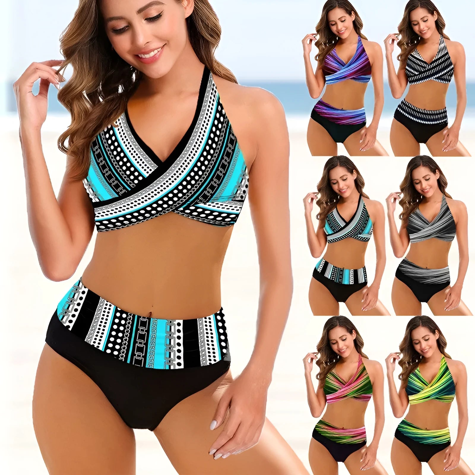 Ladies striped tie-dye bikini swimsuit with hollow design and high-waist briefs