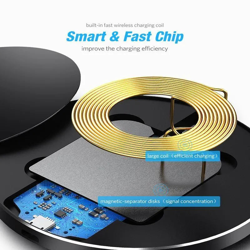 Black square ultra-thin wireless QI charging pad with dimensions 98mm by 98mm