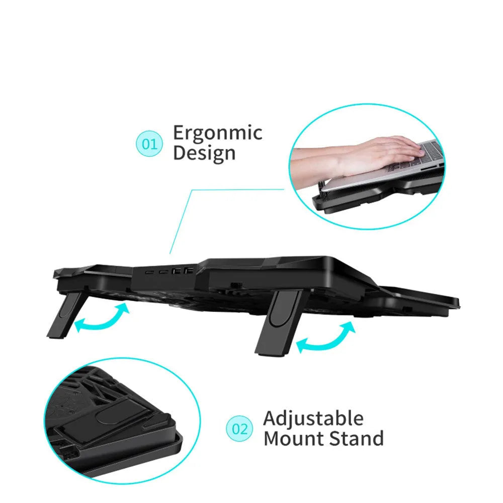 Blue laptop cooling base with four LED fans and two USB ports visible on the side