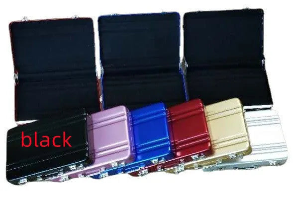 Slim aluminium alloy metal card holder in six colour options showing 100x65x16mm dimensions.