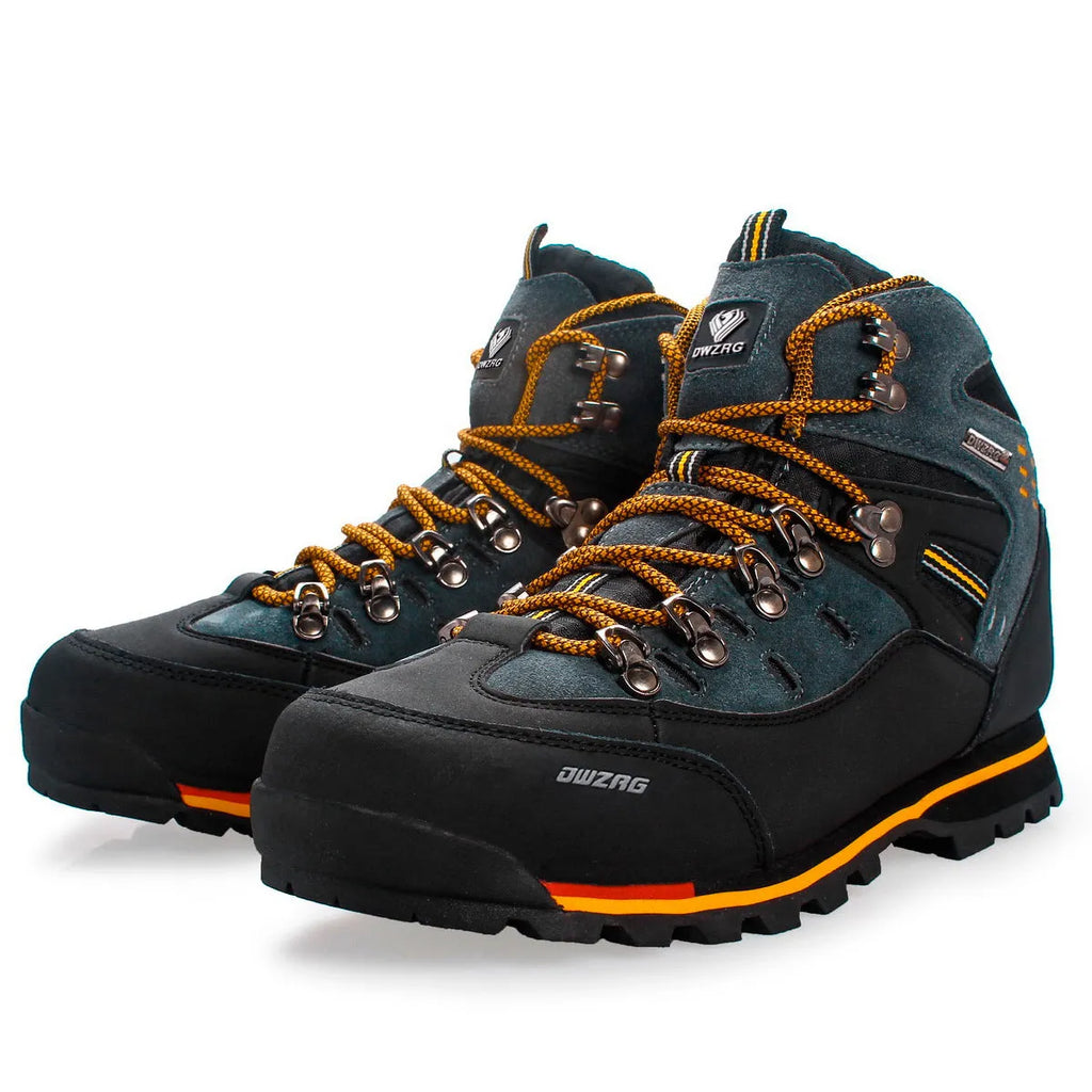 Pair of high-top hiking boots, synthetic leather upper, EVA sole, mid heel, black and yellow exploration colourway