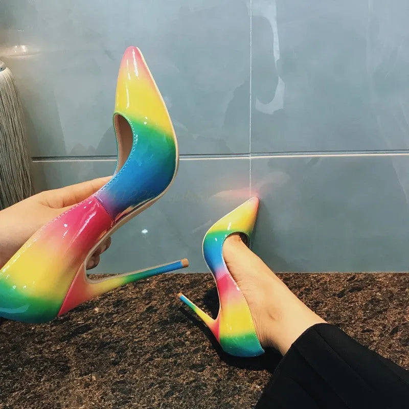 Rainbow patent leather high heels with pointed toe and thin ultra-high heels