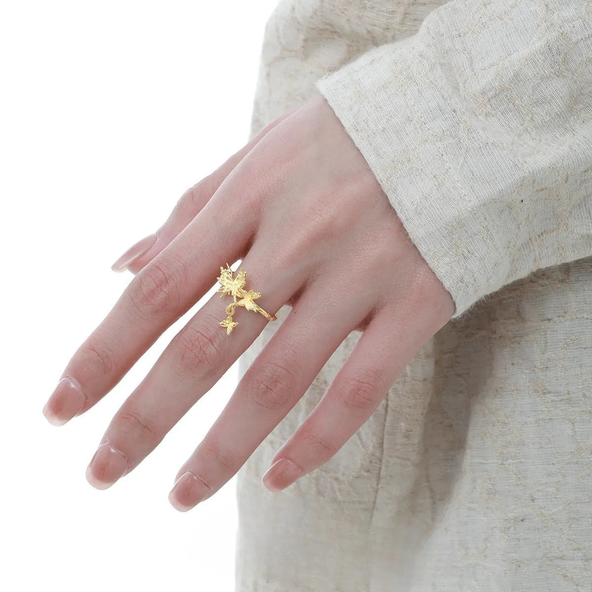 Silver butterfly ring with adjustable opening in white gold or 18K gold electroplated finish