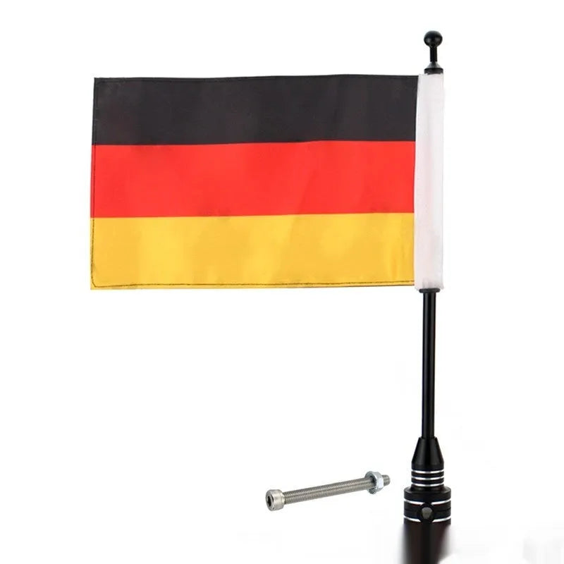 Motorcycle luggage box flagpole for mounting flags on panniers and tail boxes
