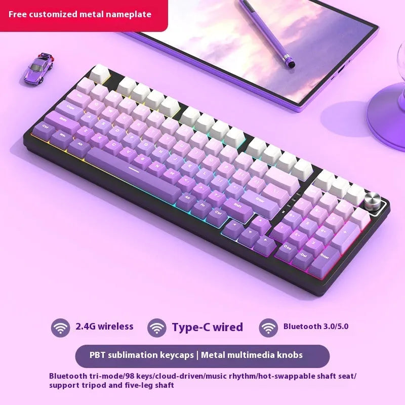 98-key wireless Bluetooth mechanical keyboard kit with metal control knob and multiple colour options