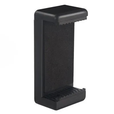 Black plastic single phone holder with rotating clamp on a desk