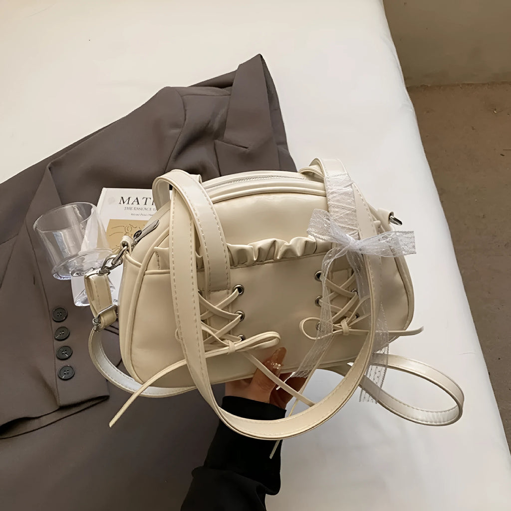 Women's bandage bow design PU leather shoulder handbag with mobile phone compartment in milky white colour