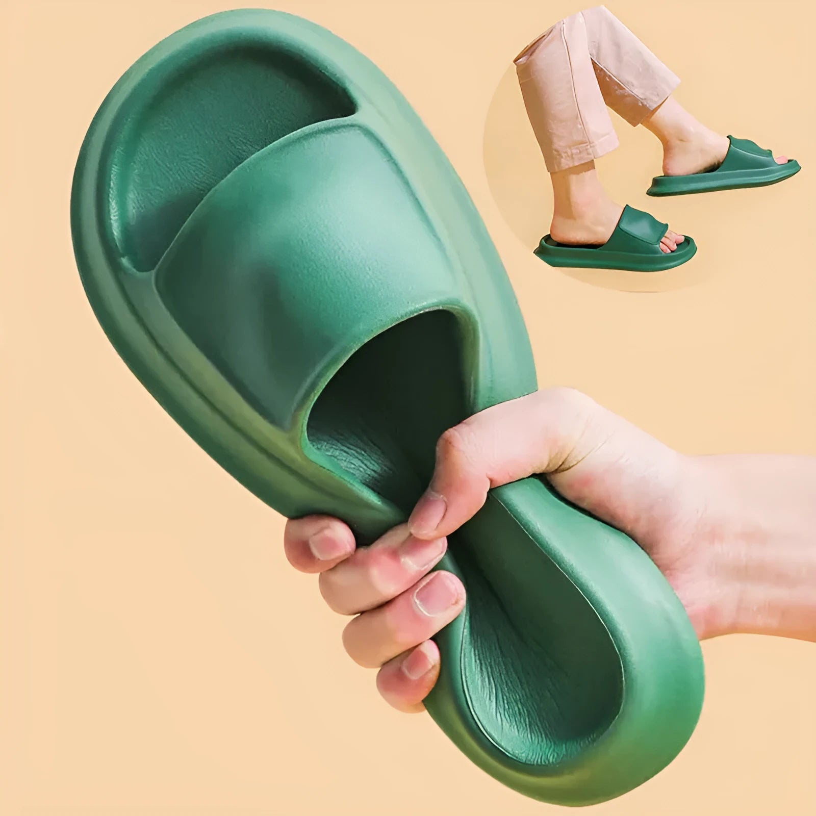 Pair of thick-soled EVA foam slippers in a choice of seven colours, showing non-slip textured sole.