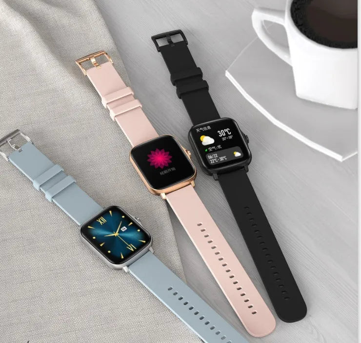 Smart watch with blue strap and 1.7-inch colour touch screen displaying time and heart rate.