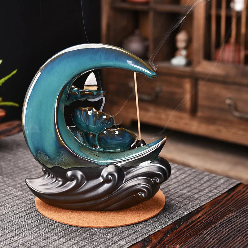 Handmade monochrome glazed porcelain backflow incense burner in Chinese abstract style, colour A or B