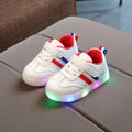 Kimmy White LED Sneakers in red, green, or black with Velcro strap and rubber sole, sizes 21-30