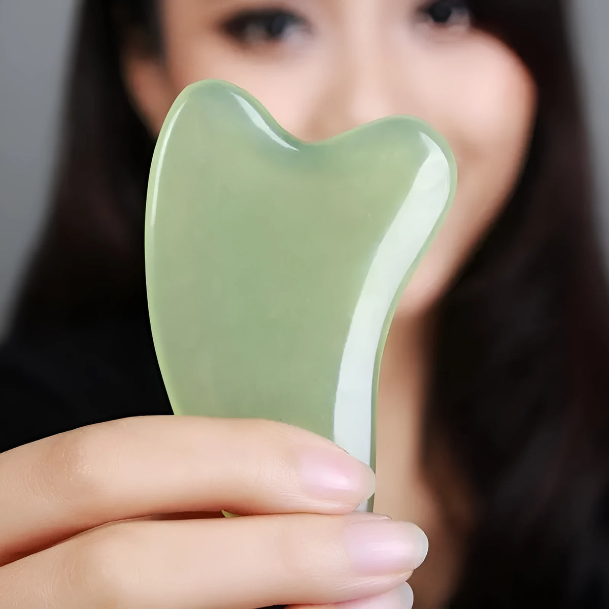 Natural jade gua sha scraping board 6.3cm by 4.5cm, about 0.4cm thick and 60g, in green and pink