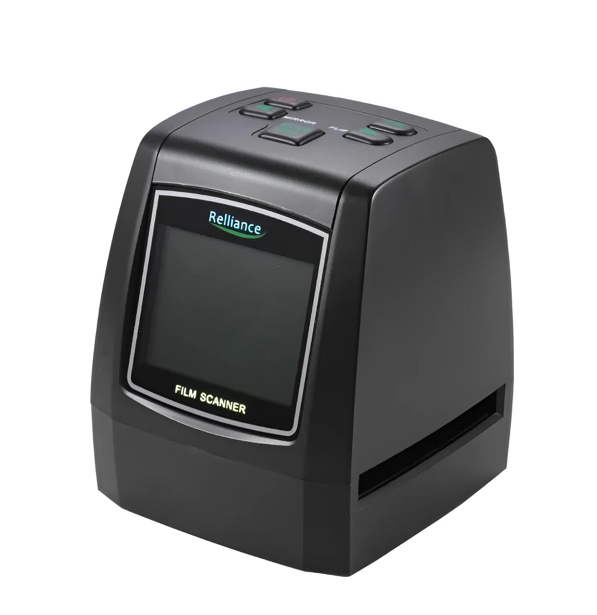 High-resolution film negative and slide scanner with colour LCD screen on a desk