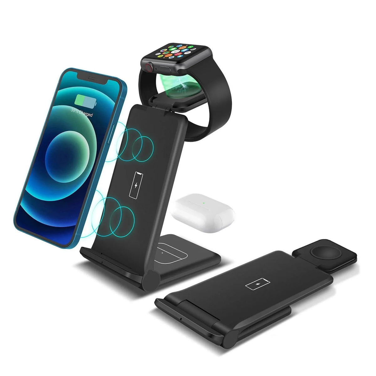 Black and white 3-in-1 foldable wireless charging station for phone, Apple Watch and AirPods.