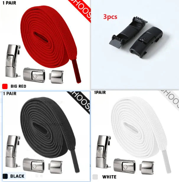 8mm widened flat elastic shoelaces with press lock mechanism in black and white for sneakers