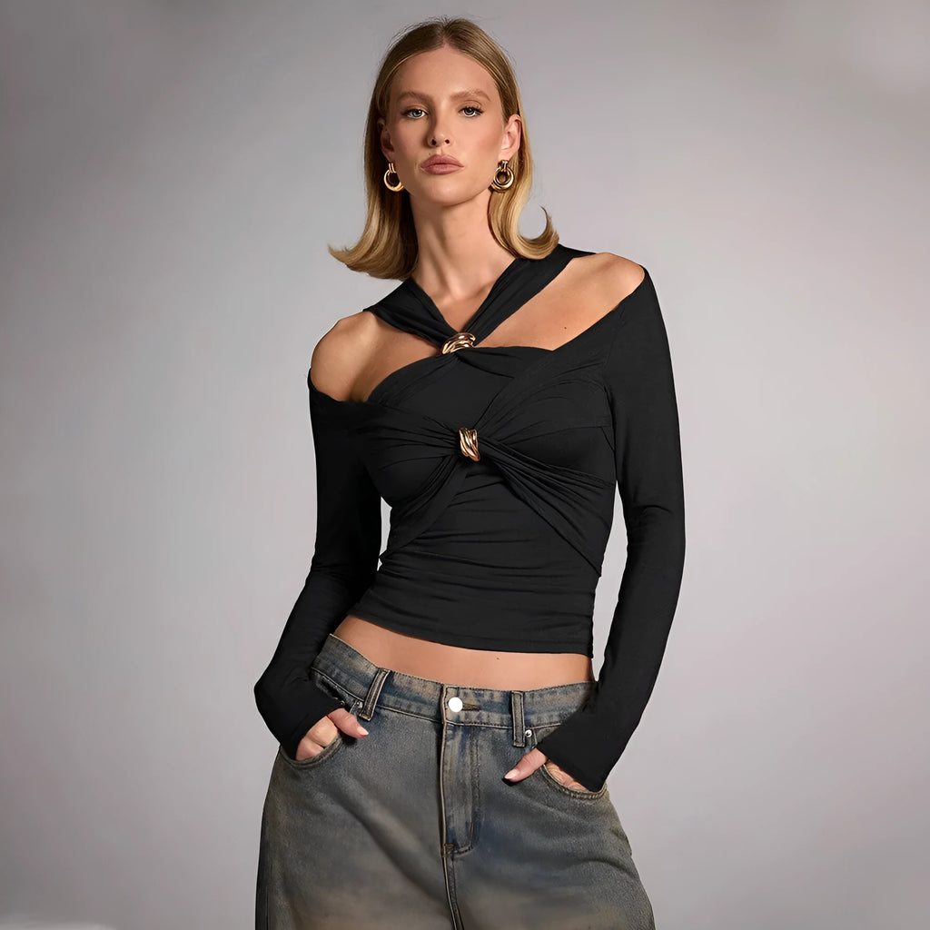 Black women's halter top with slim fit and shoulder-baring neckline.