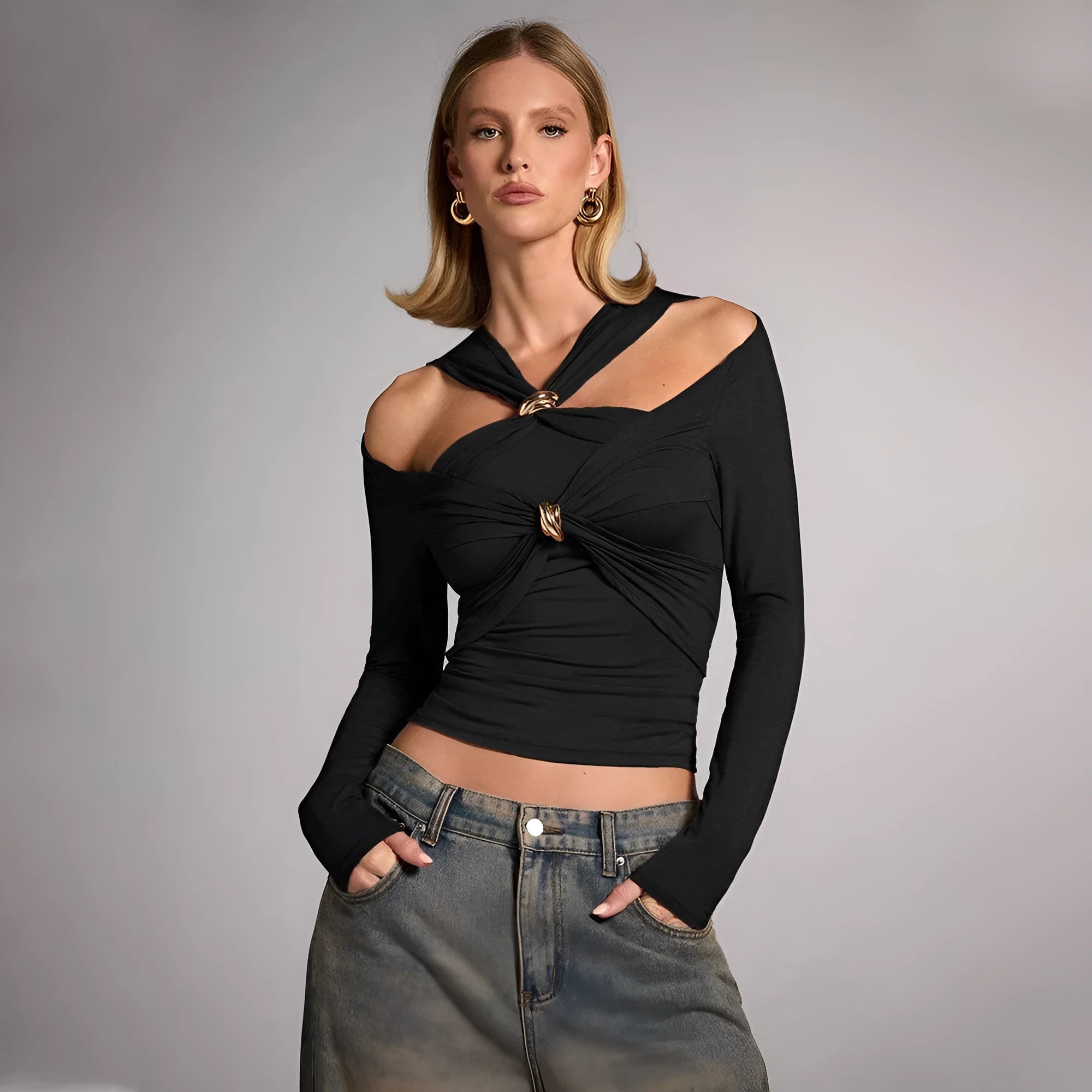 Black women's halter top with slim fit and shoulder-baring neckline.