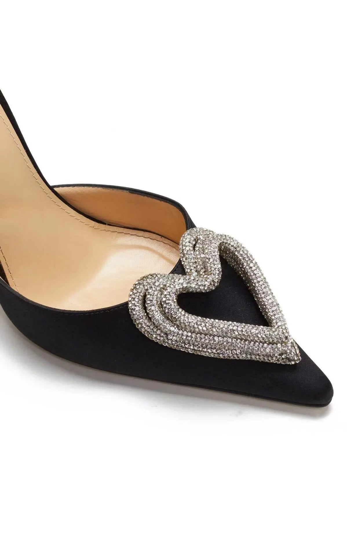 Women's heart-shaped rhinestone sandals with pointed toe design in black, pink or white satin