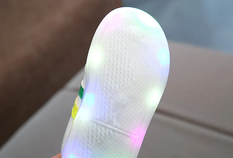 Kimmy White LED Sneakers in red, green, or black with Velcro strap and rubber sole, sizes 21-30