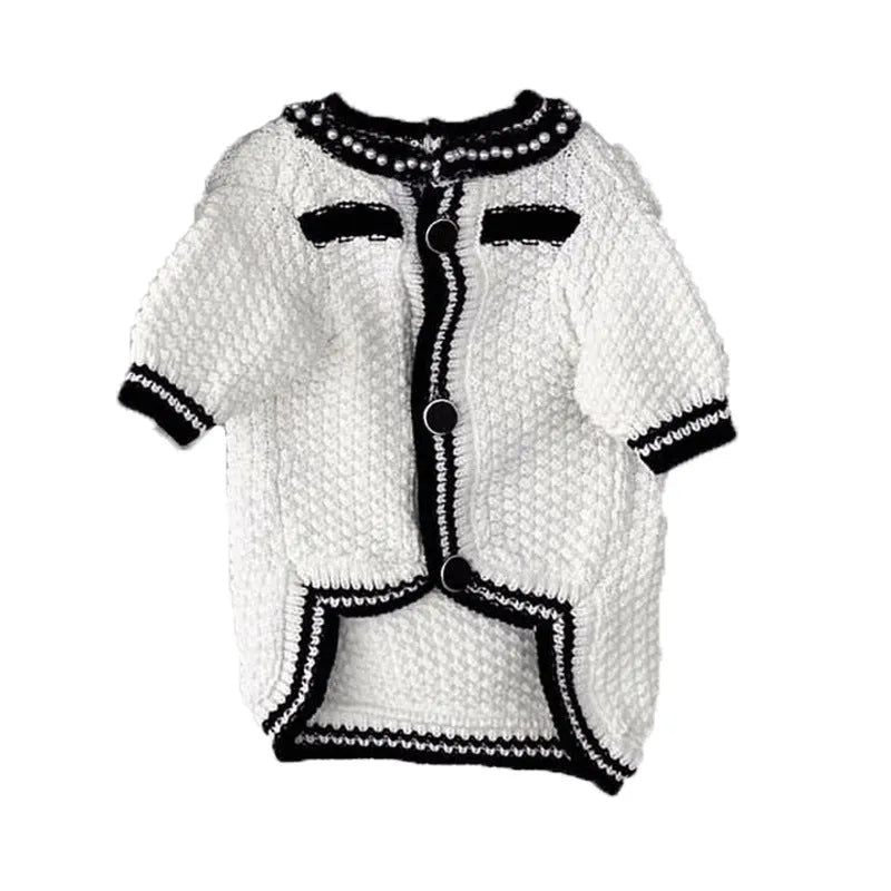 White Korean style dog sweater with pearl collar on a small dog, showing Princess design