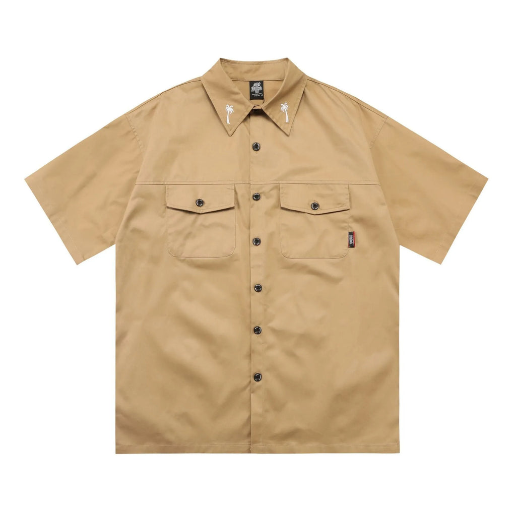 Men's black cotton blend half sleeve shirt with embroidered detailing and pocket