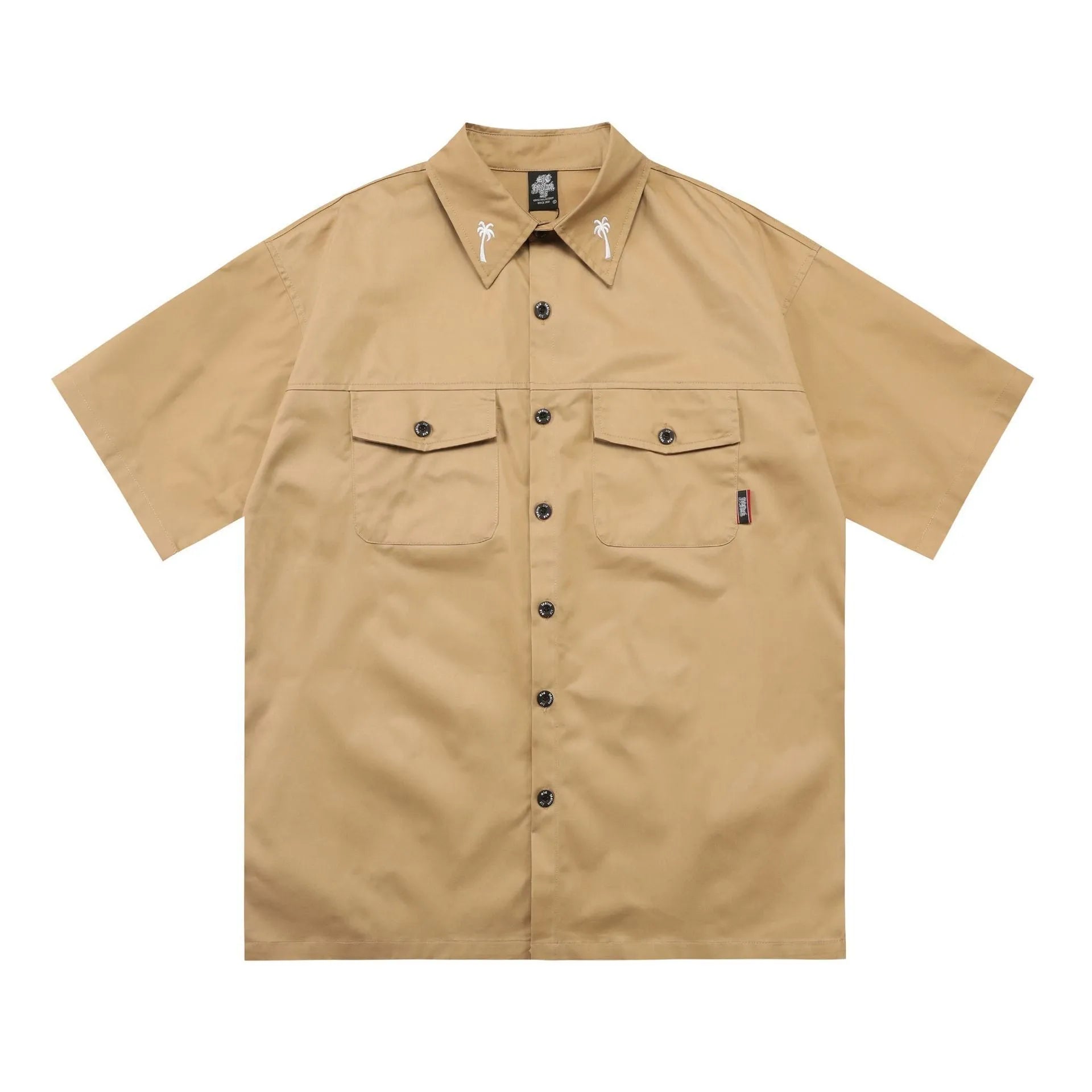 Men's black cotton blend half sleeve shirt with embroidered detailing and pocket