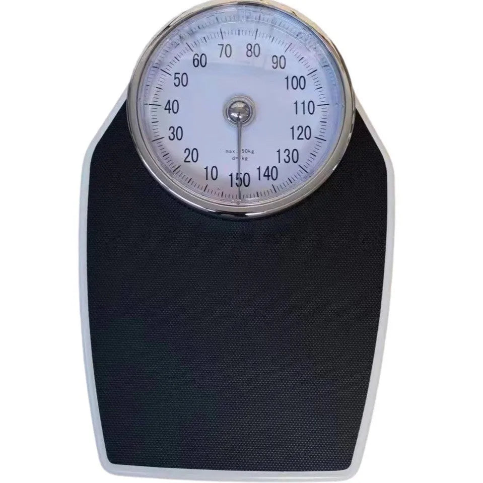 Black mechanical body weight scale with large analogue dial on a 47x35cm platform.