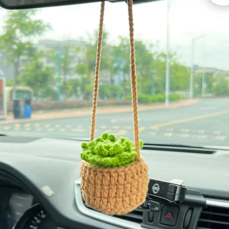 Green and white knitted wool macramé car air plant holder with hanging cord