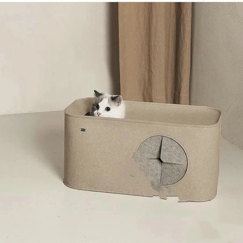 Grey foldable felt cat nest bed shown next to a khaki one, demonstrating its soft structure.