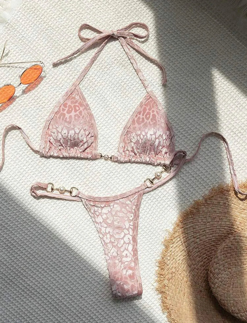Blue leopard print swimwear bikini set with polyester and spandex fabric