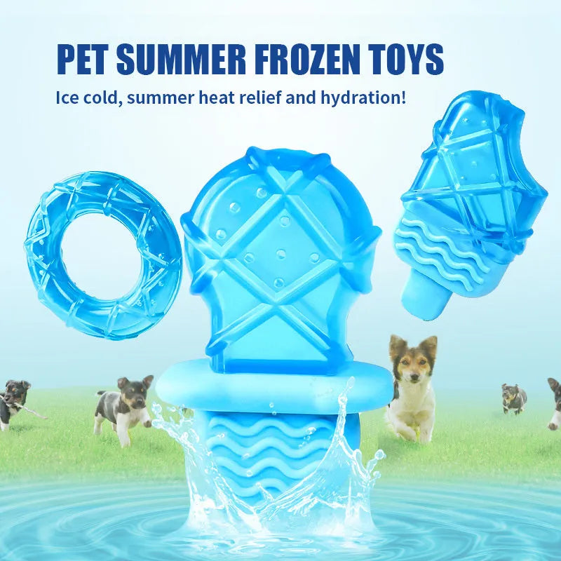 Set of three BPA-free silicone dog toys: a blue pacifier, a red popsicle, and a green ring, designed to be filled with water and frozen.