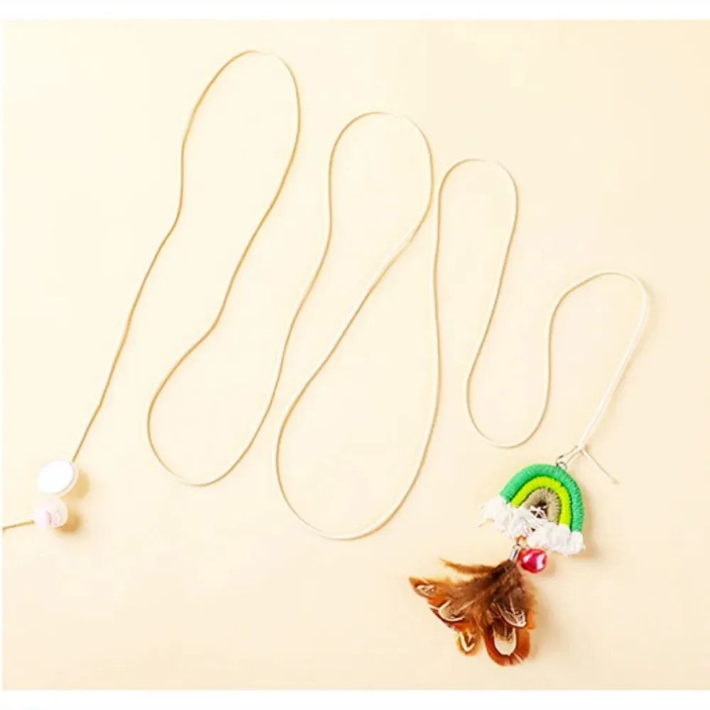 Feather cat rope door swing toy with elastic cord and sticky buckle clamp in blue colour