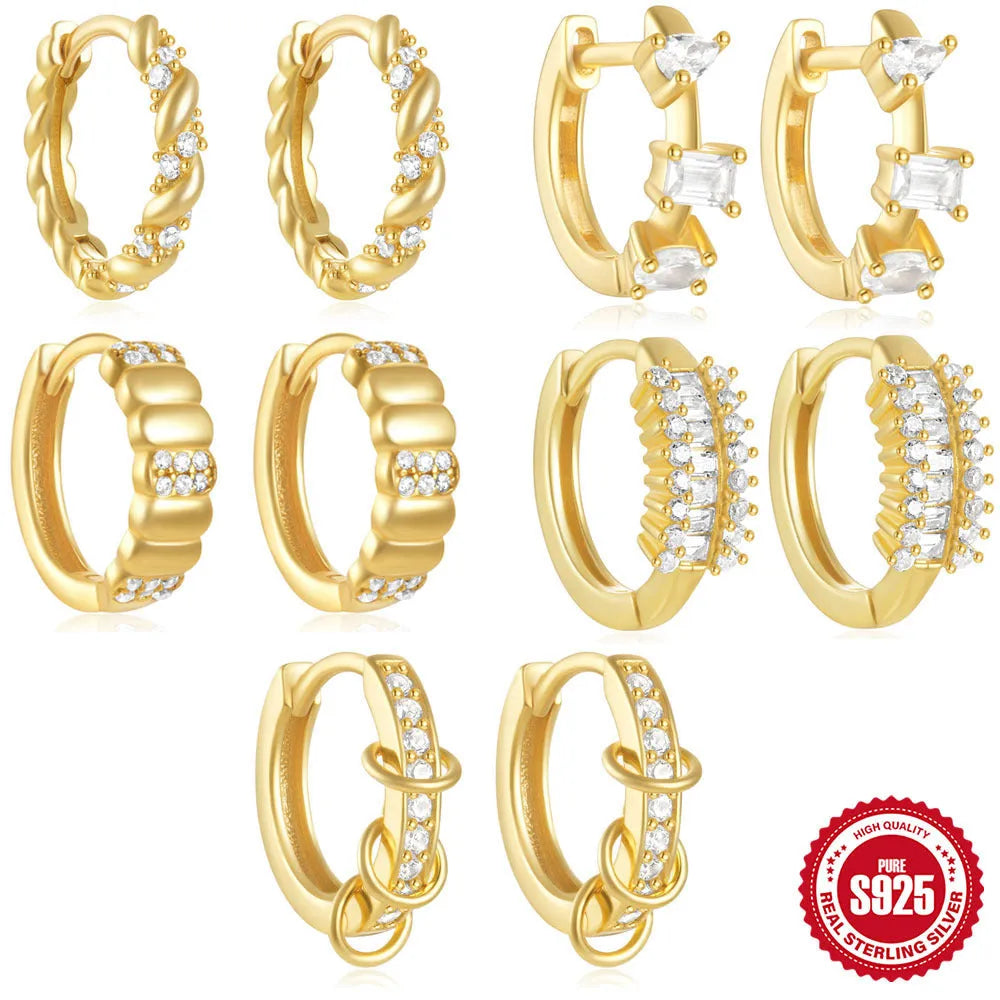 Sterling silver geometric stud earrings with round diamond eardrops in gold and silver colour options