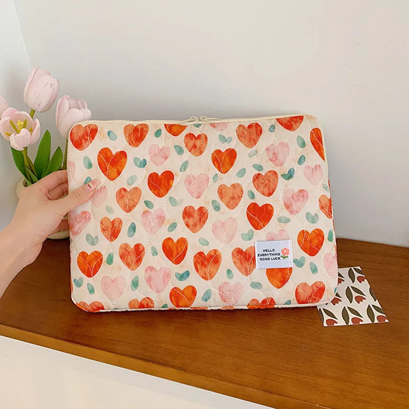 Women's floral print cloth laptop bag shown in green flower pattern, with anti-seismic feature.