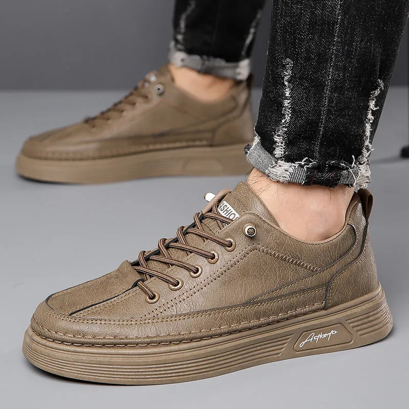 Men's British style casual shoes in black, gray, or khaki with PU upper, rubber sole, and elastic band slip-on design