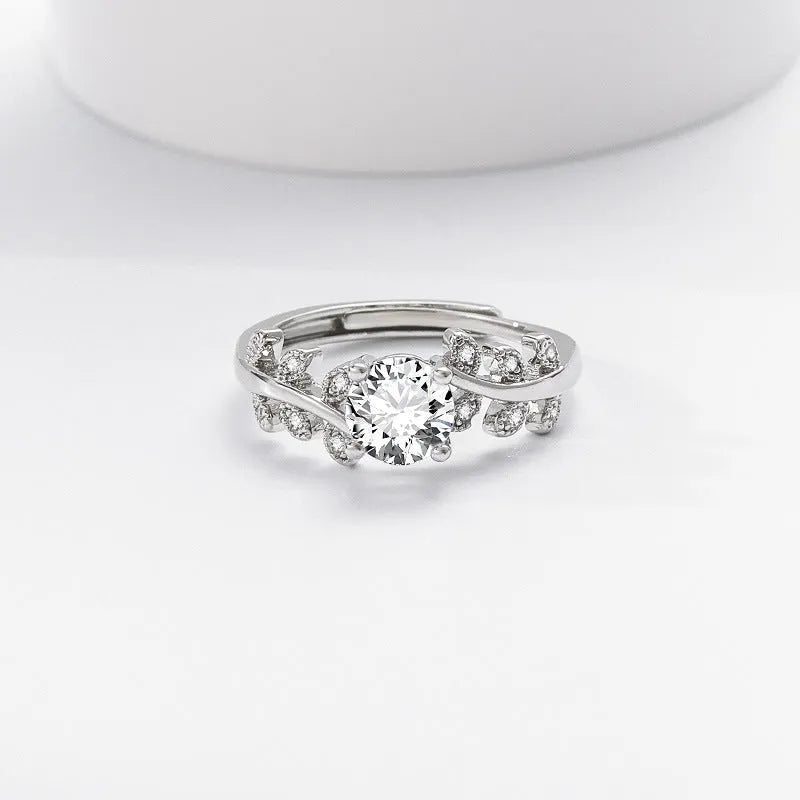 1 carat leaf ring for women, white gold colour electroplated copper, adjustable open band