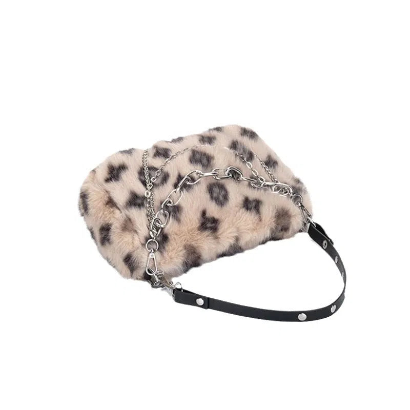 Plush shoulder bag with chain and leopard print detail, horizontal rectangular shape, single strap, available in grey, pink, apricot, and white.