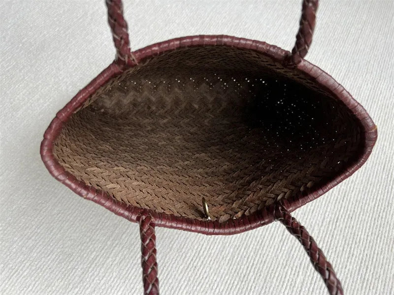 Brown handmade cowhide leather woven tote bag with three-dimensional pockets