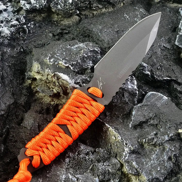 Outdoor camping rope knife with 80mm 5Cr15 steel blade, binding rope handle, and ABS sheath