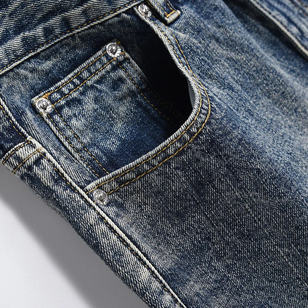 Blue cotton denim loose straight trousers for men, casual punk style, sizes S to XXL