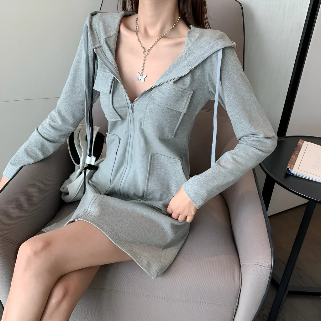Women's mid-length hooded zip-up sweatshirt dress in 100% polyester, grey black or white, sizes S to 2XL