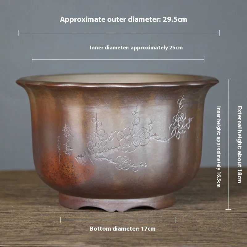 Antique carved purple sand ceramic flowerpot for indoor bonsai display