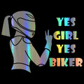 Cool girl rider character car waterproof sticker measuring 16cm by 15cm in black, white, and laser colours.