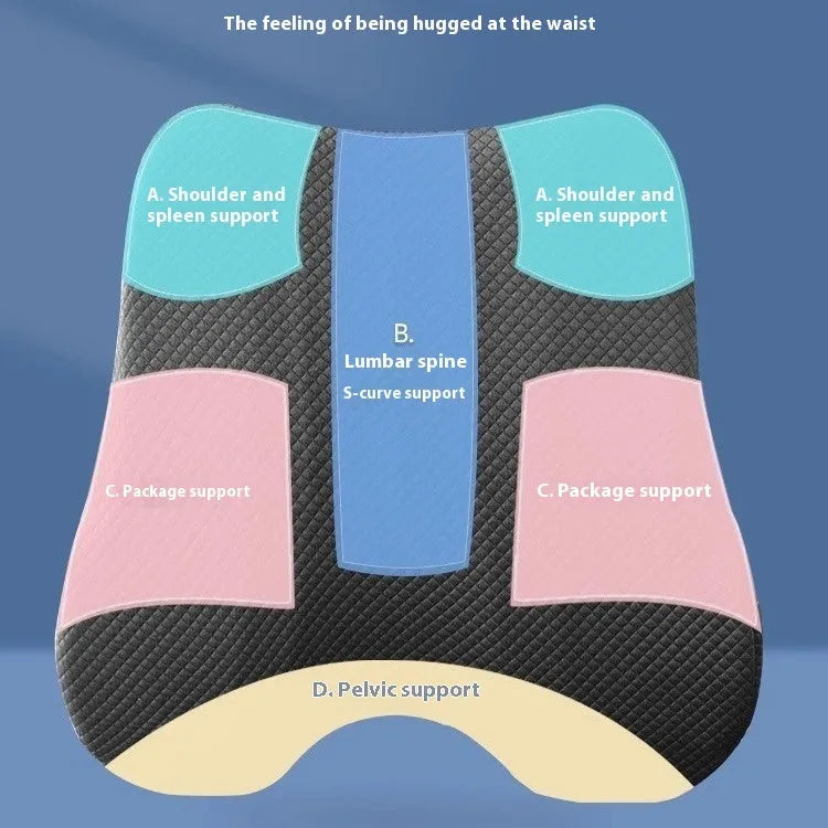 Grey lumbar support cushion for office chair, dimensions 40cm by 40cm by 8cm.
