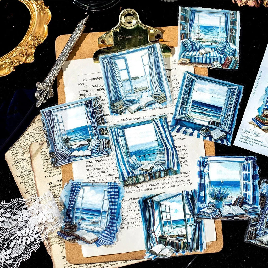 Set of six retro-style decorative stickers with seasonal window scene designs for journals.