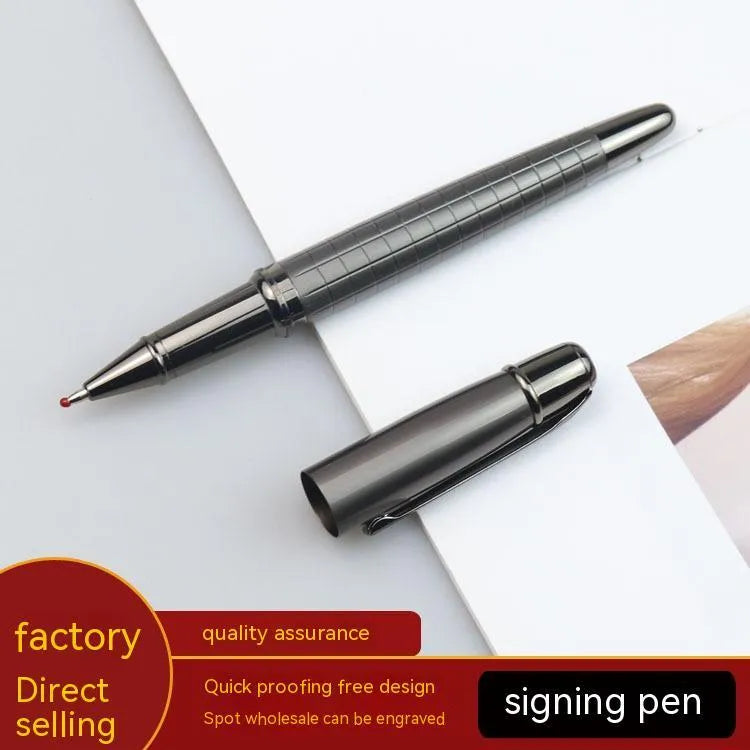 Gun grey metal roller pen with water-based ink refill showing 13.5cm length
