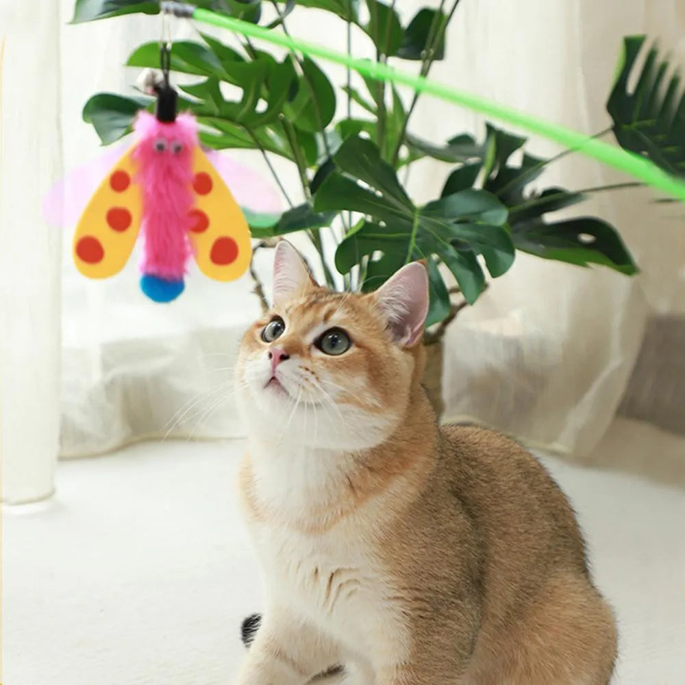 Cat wand toy with dragonfly attachment and bell for interactive indoor play with cats