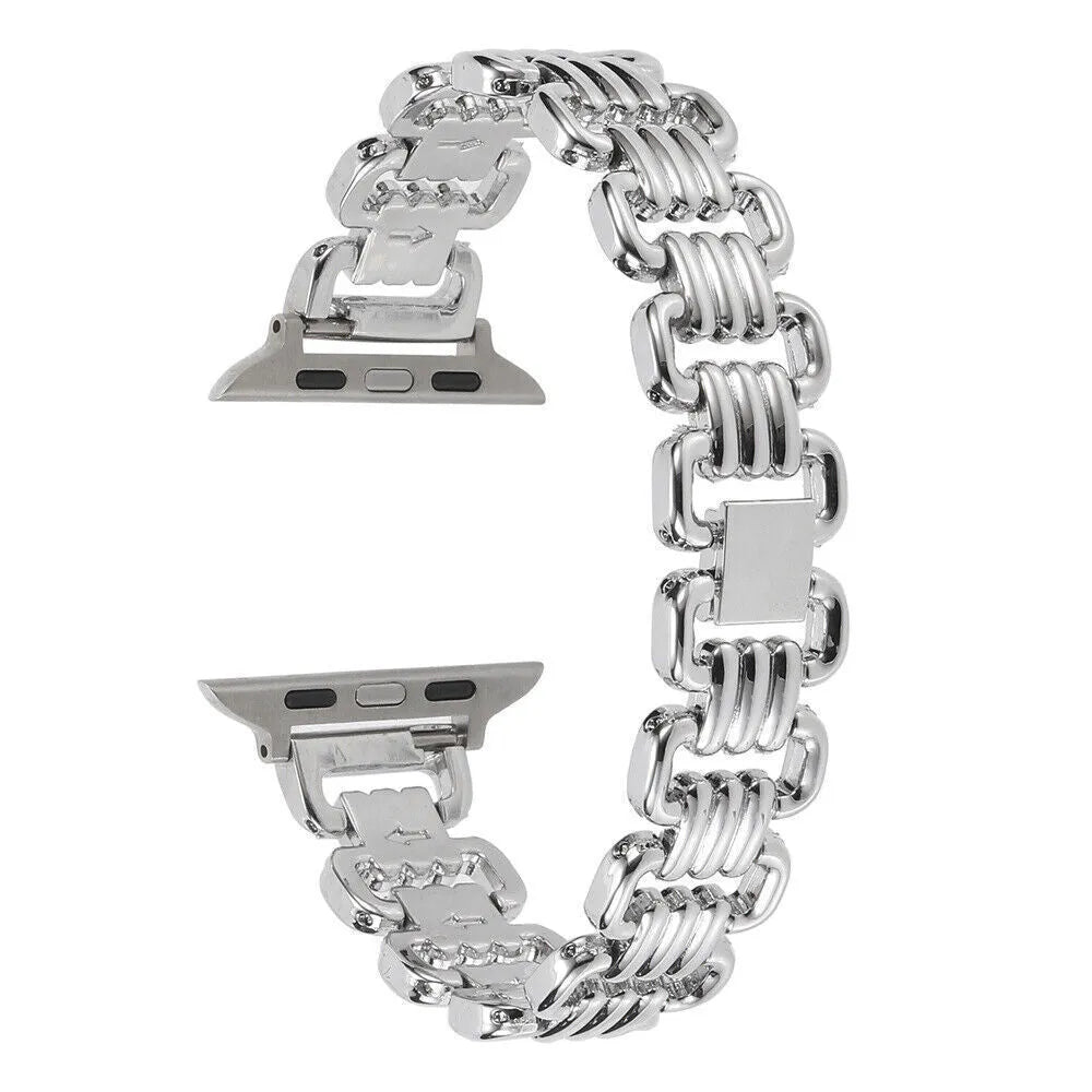 Alloy metal ladies watch bracelet for Apple Watch in silver, black, gold, rose gold, and Starlight colours.