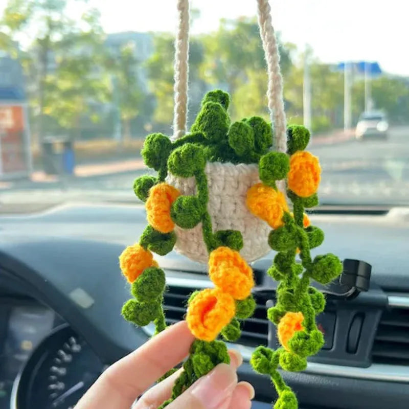 Green and white knitted wool macramé car air plant holder with hanging cord